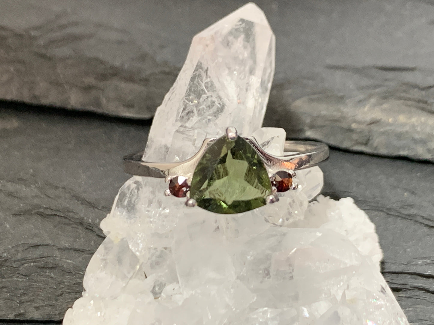 "Altair" Moldavite ring with Garnet or Zircon
