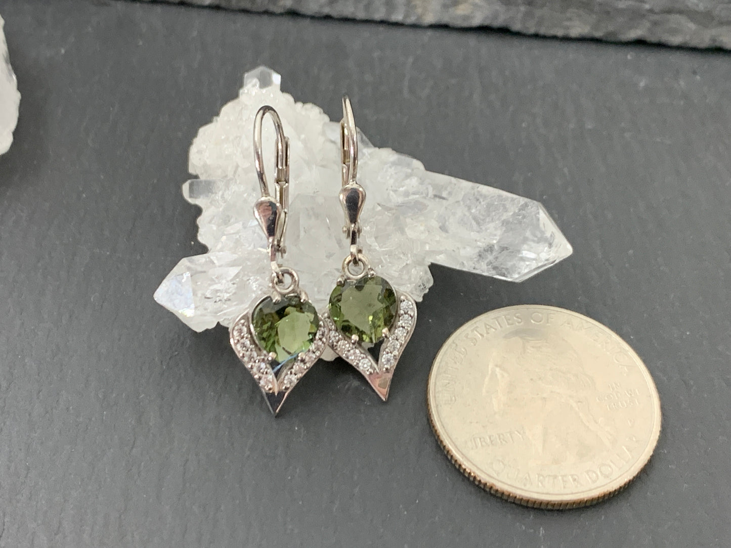 Zircon and Faceted Moldavite heart 7mm earrings