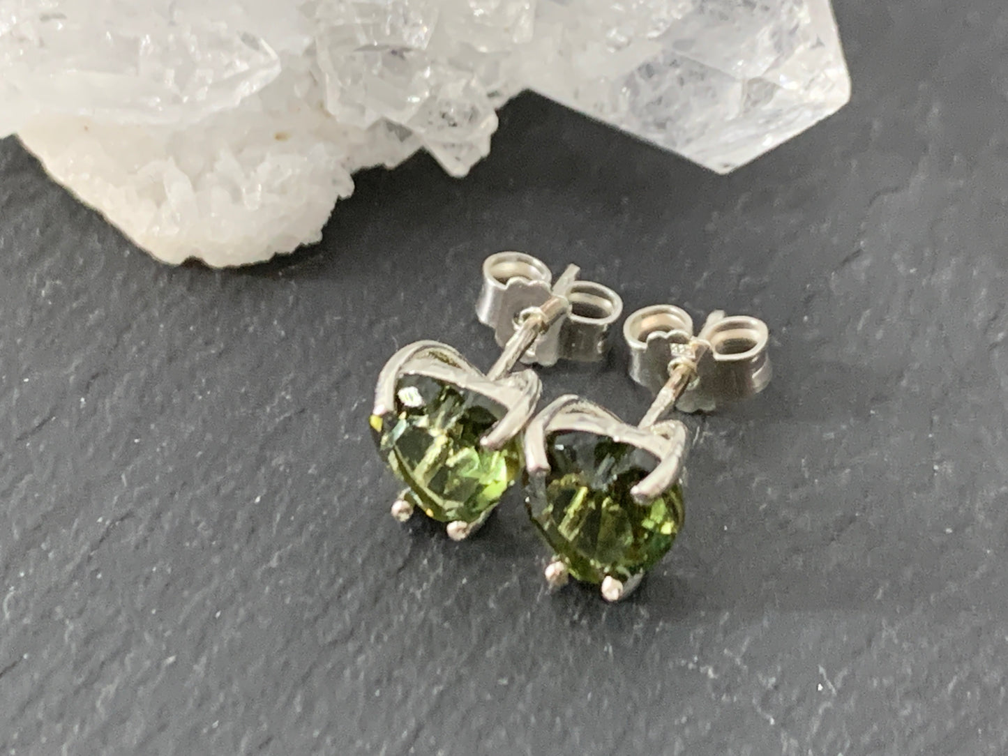 Faceted Moldavite Heart Earrings