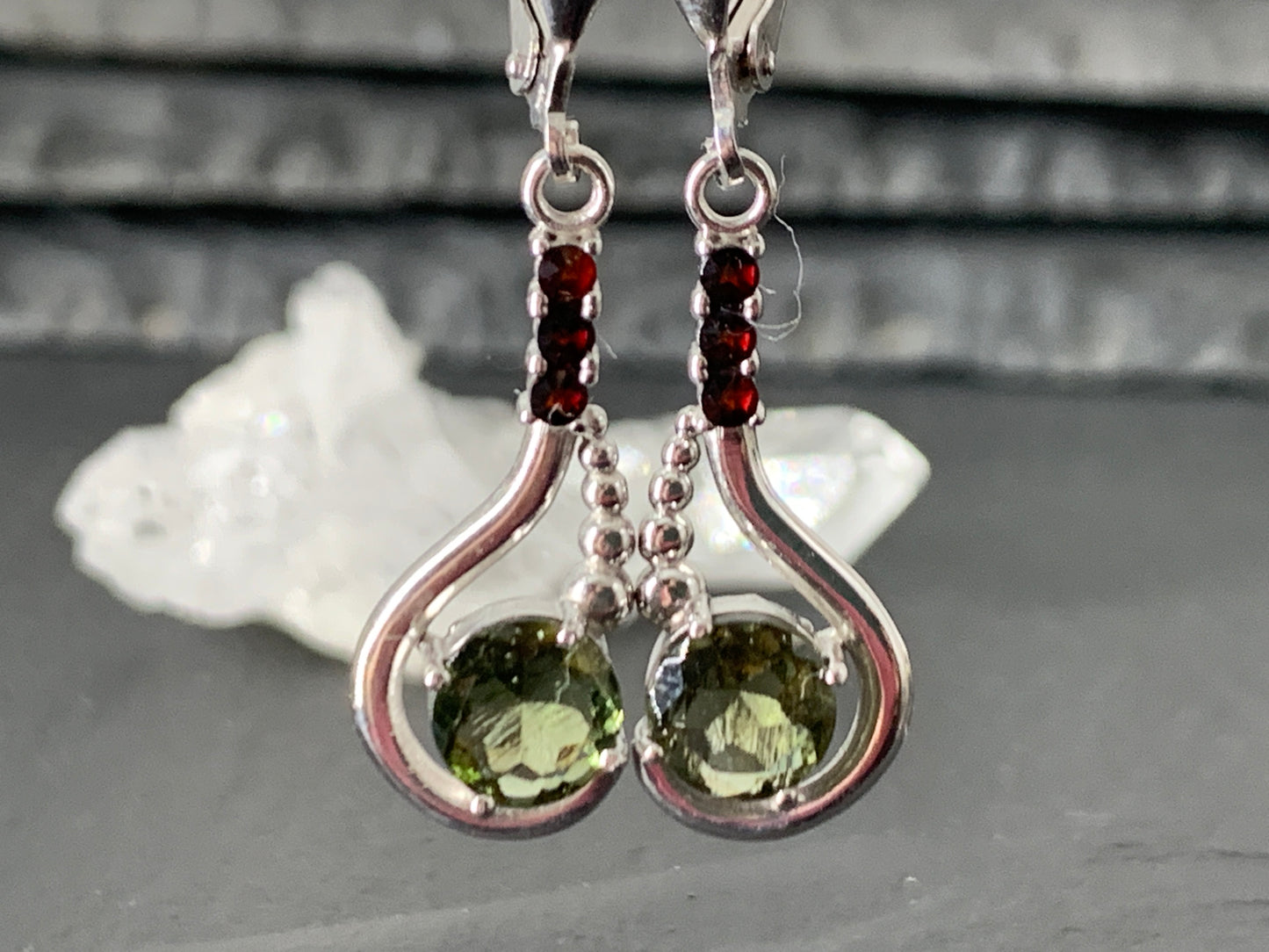 Moldavite & Garnet Earrings