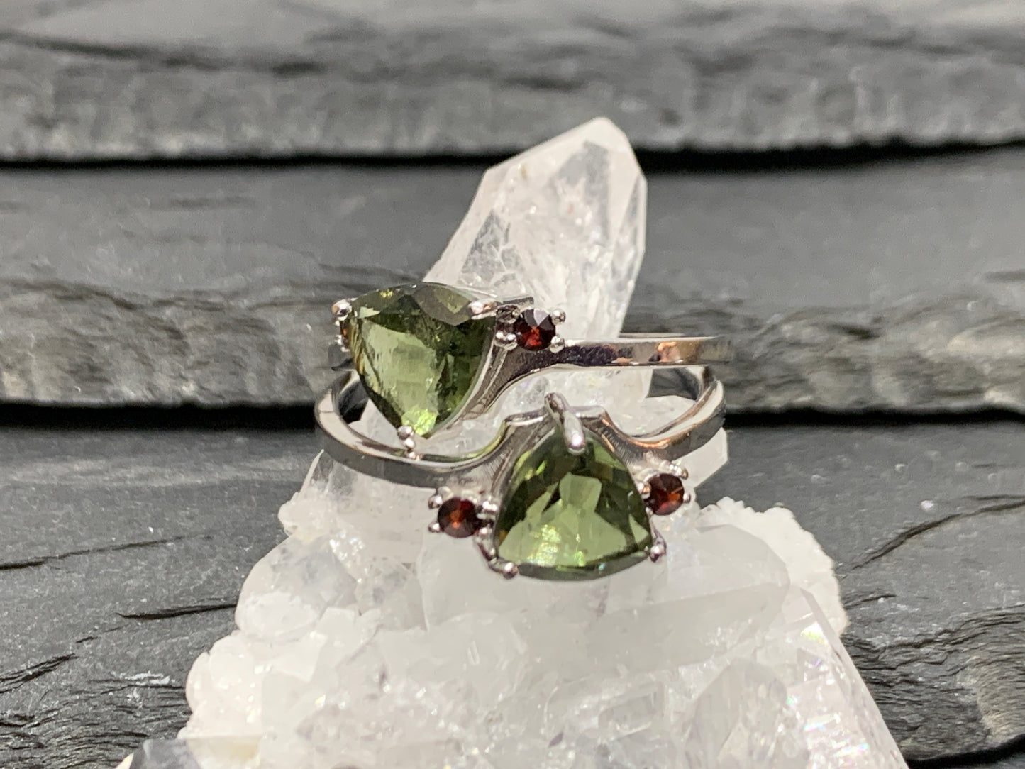 "Altair" Moldavite ring with Garnet or Zircon