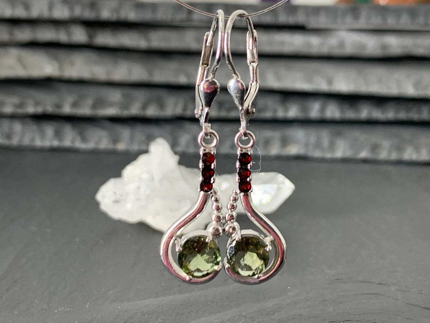 Moldavite & Garnet Earrings