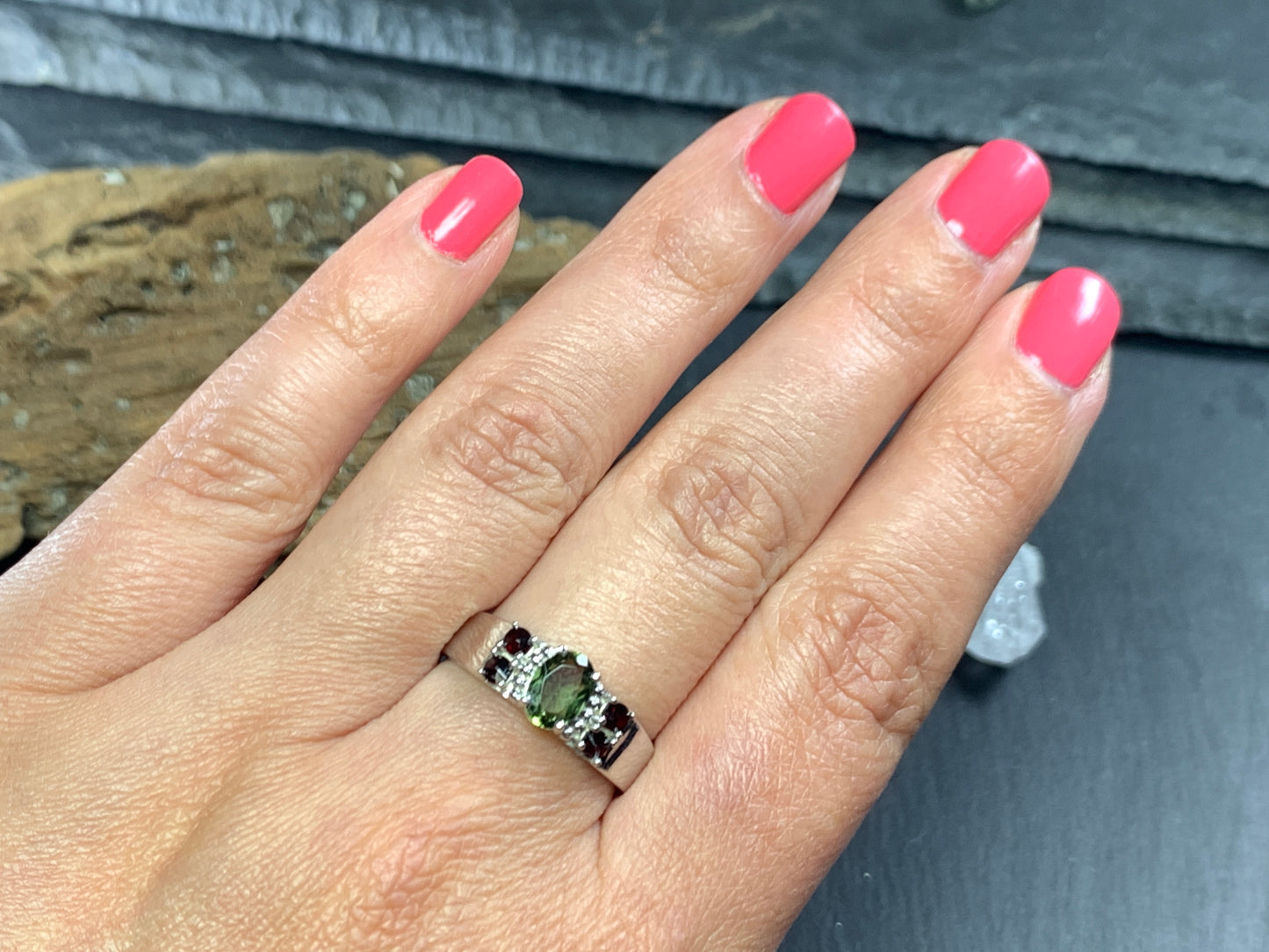 Queen's Ring Moldavite and Garnet