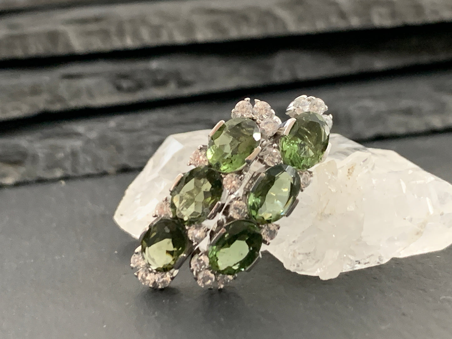 Moldavite & Zircon Silver Earrings
