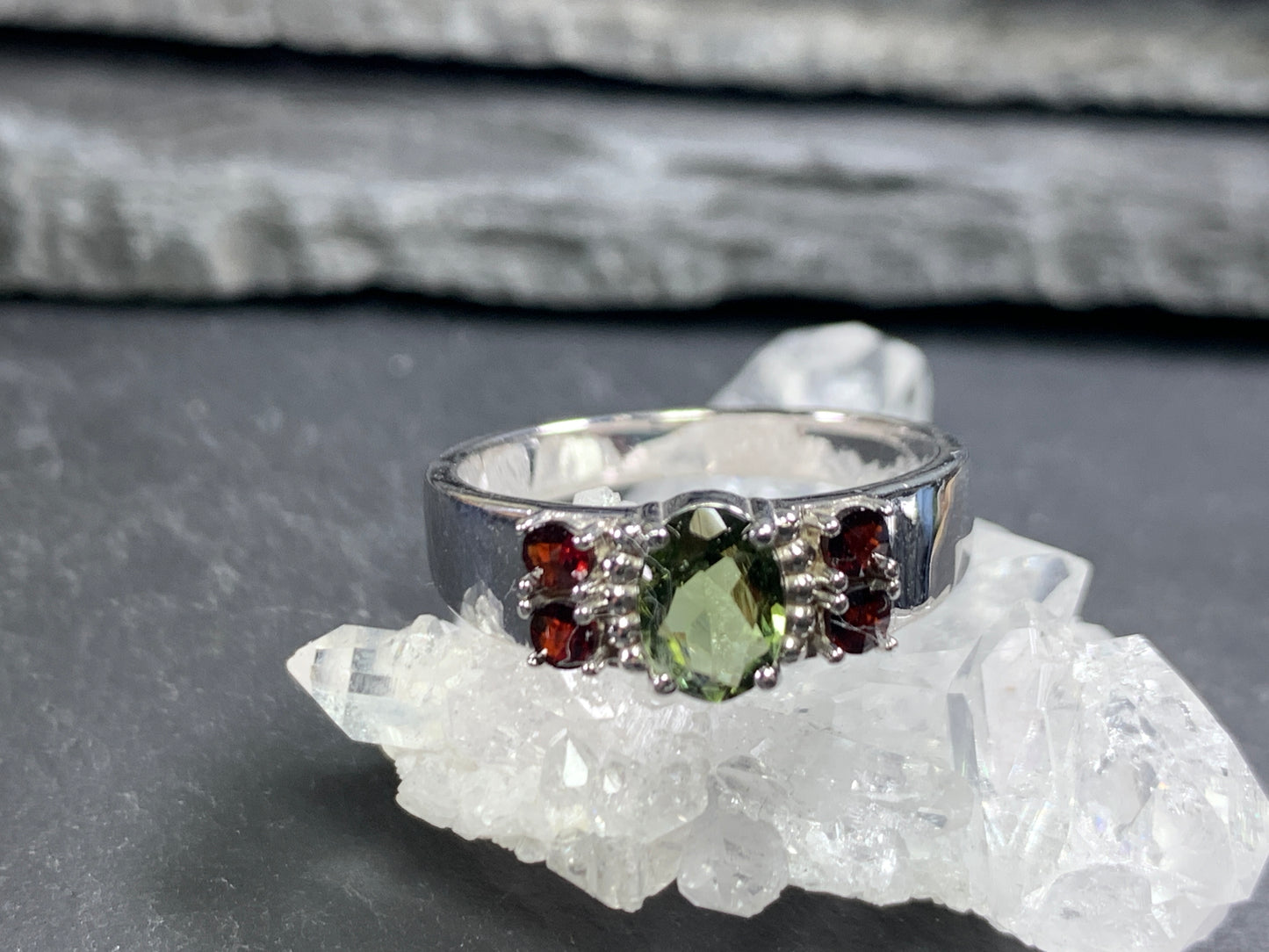 Queen's Ring Moldavite and Garnet
