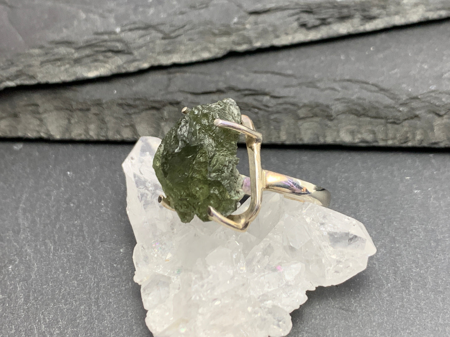 Ring with rough Moldavite 6.75US