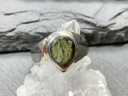 Ring with Faceted Moldavite/ 8.5 US