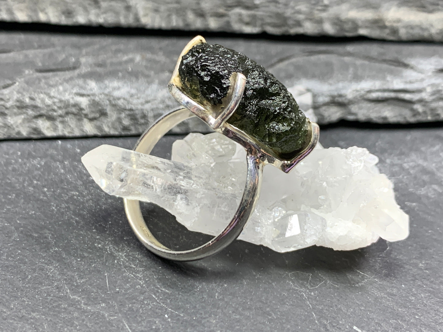 " Capella" Ring with Rough Moldavite 9 US