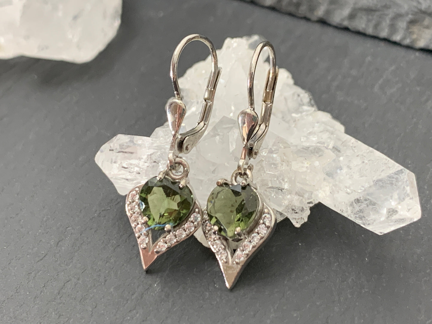 Zircon and Faceted Moldavite heart 7mm earrings