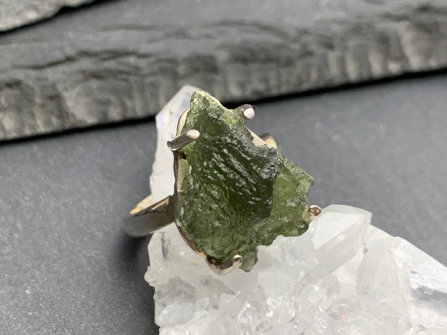 Ring with rough Moldavite 6.75US