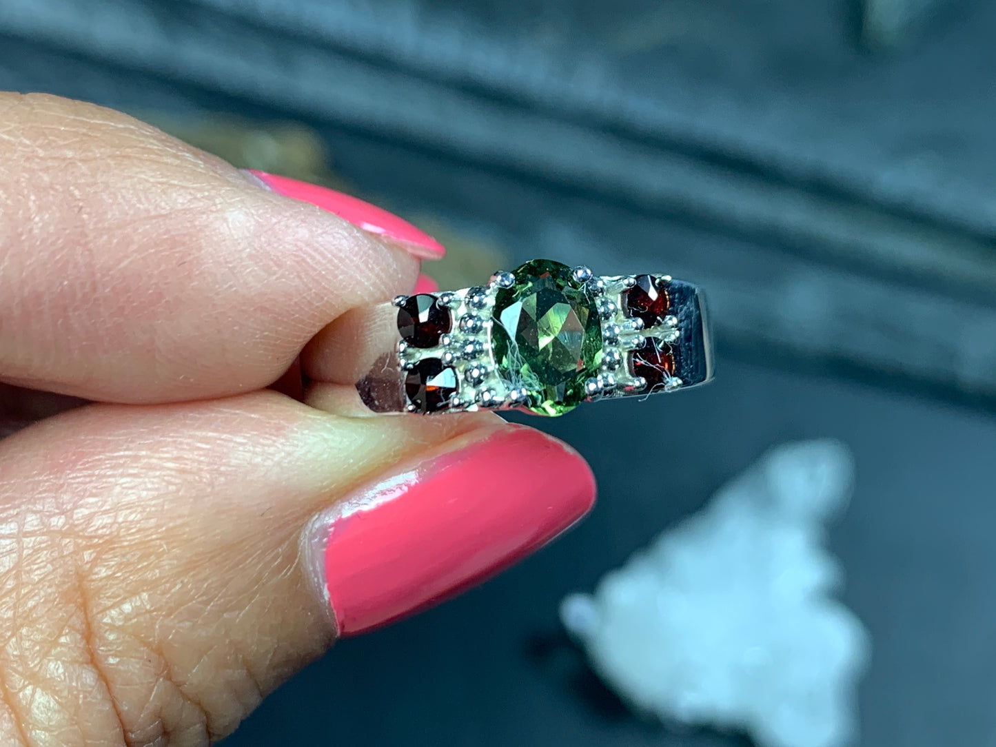 Queen's Ring Moldavite and Garnet