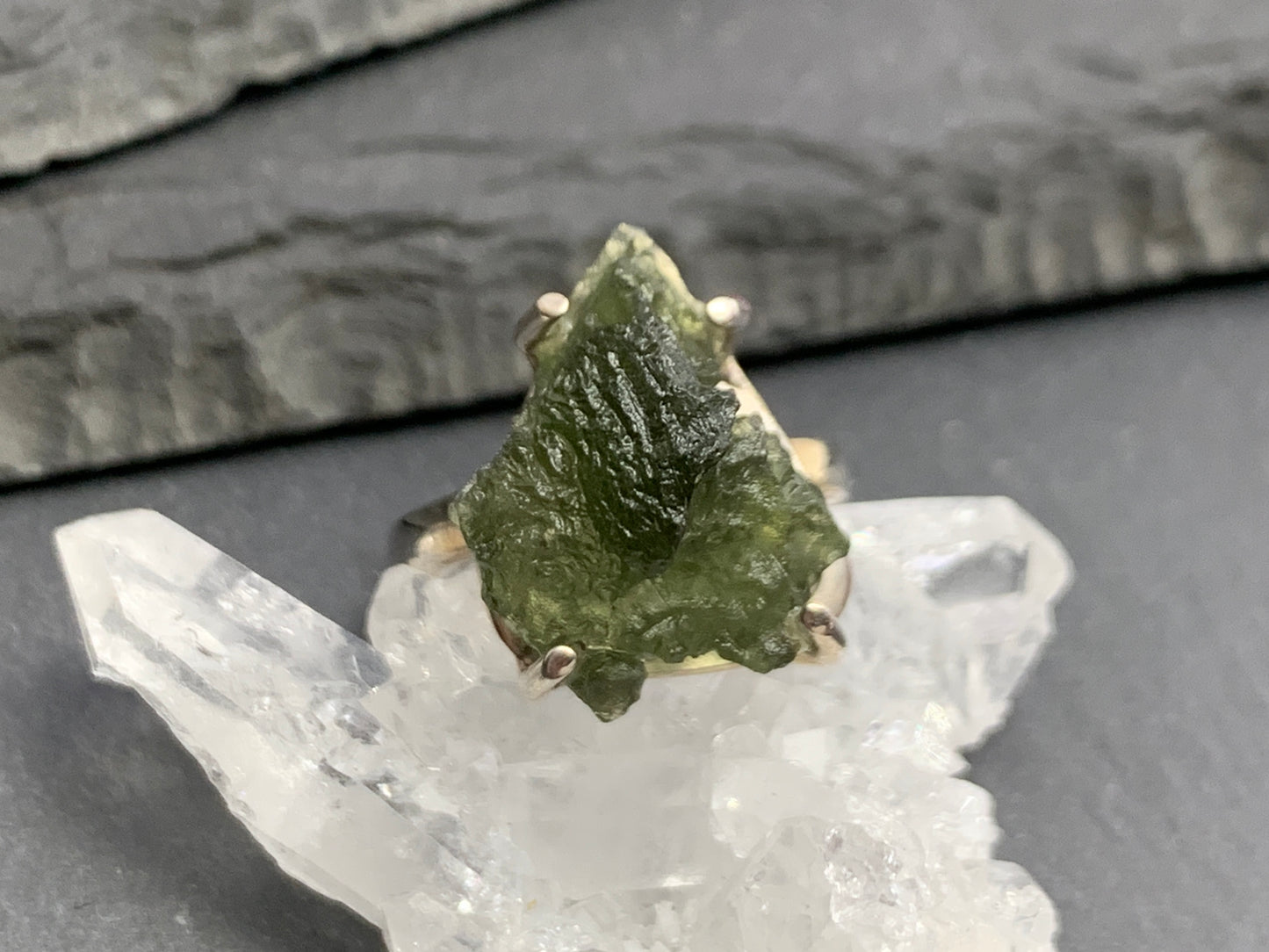 Ring with rough Moldavite 6.75US