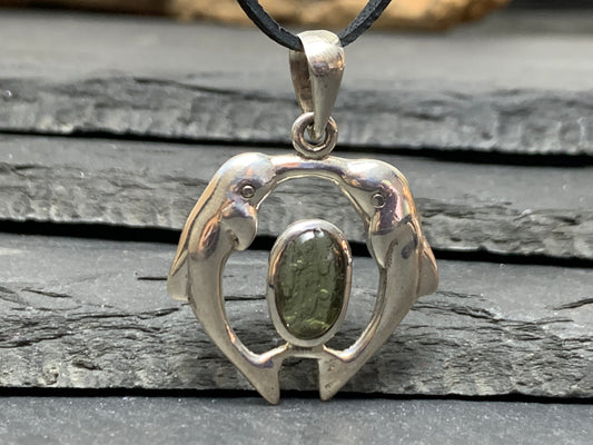 Dolphins - Sterling Silver Moldavite pendant 5.4gr