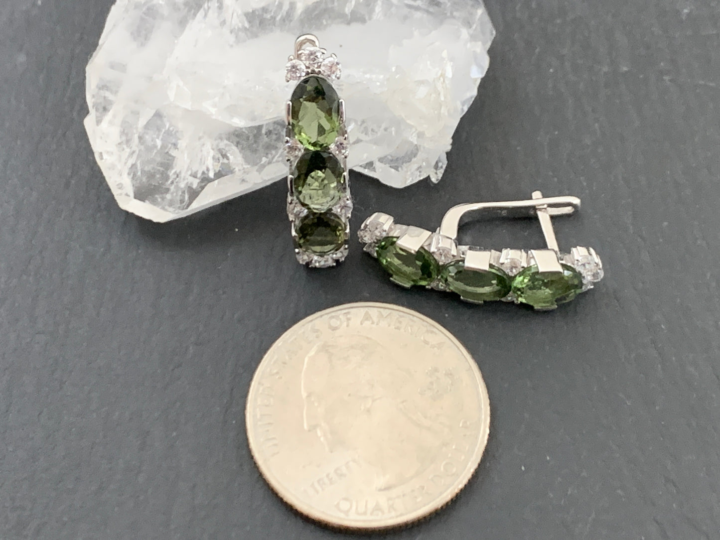 Moldavite & Zircon Silver Earrings