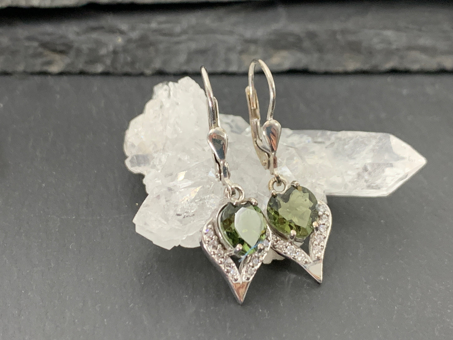 Zircon and Faceted Moldavite heart 7mm earrings