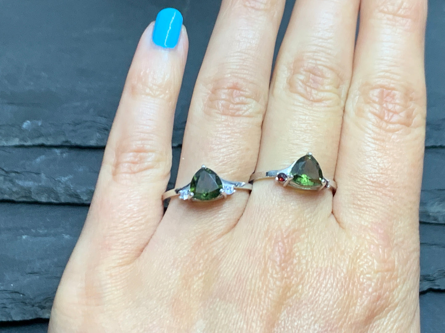 "Altair" Moldavite ring with Garnet or Zircon
