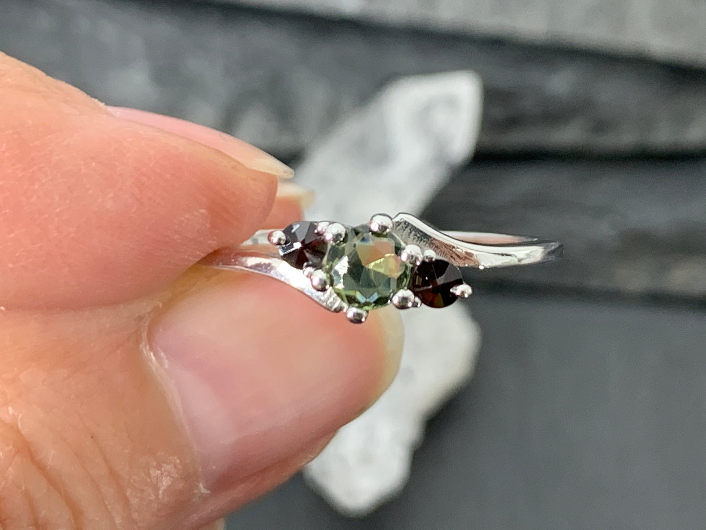 "Vega" - Moldavite & Garnet ring