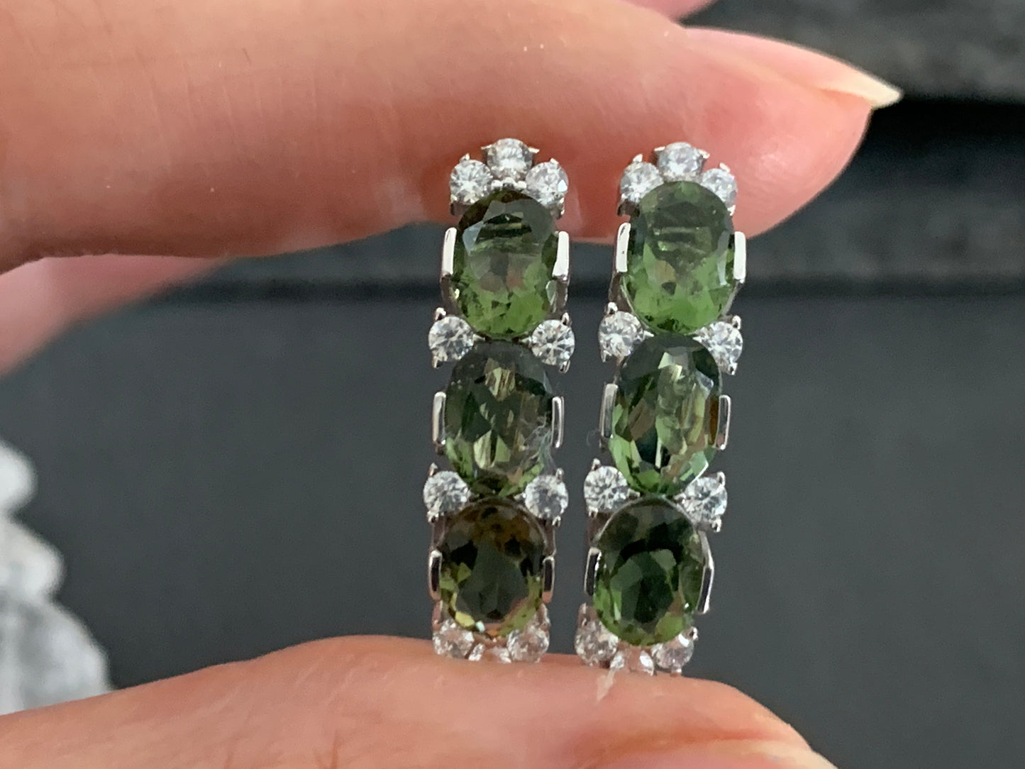 Moldavite & Zircon Silver Earrings