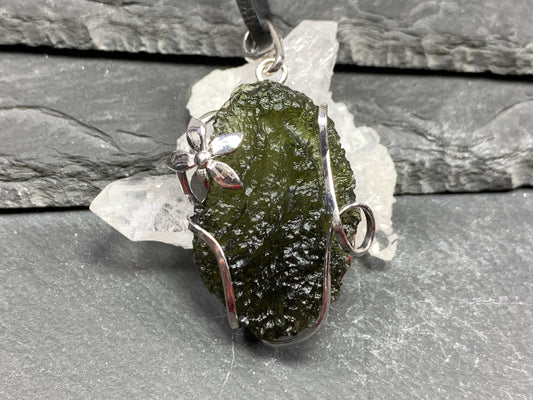 Raw Moldavite pendant with Flowers 9.47g