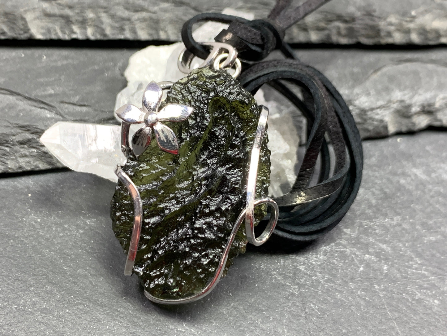 Raw Moldavite pendant with Flowers 9.47g