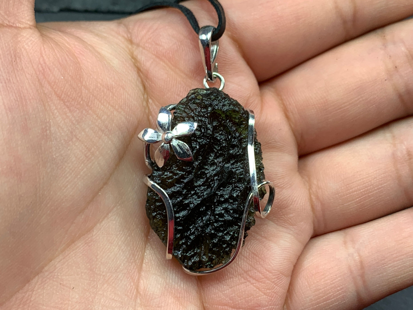 Raw Moldavite pendant with Flowers 9.47g