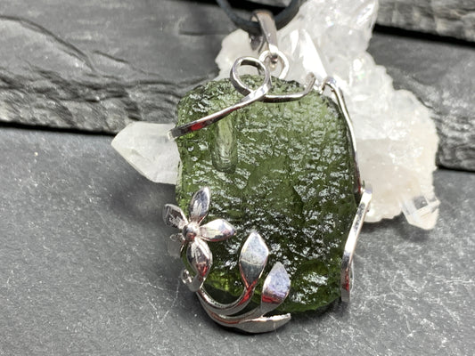 Raw Moldavite pendant with Flower 8.68g