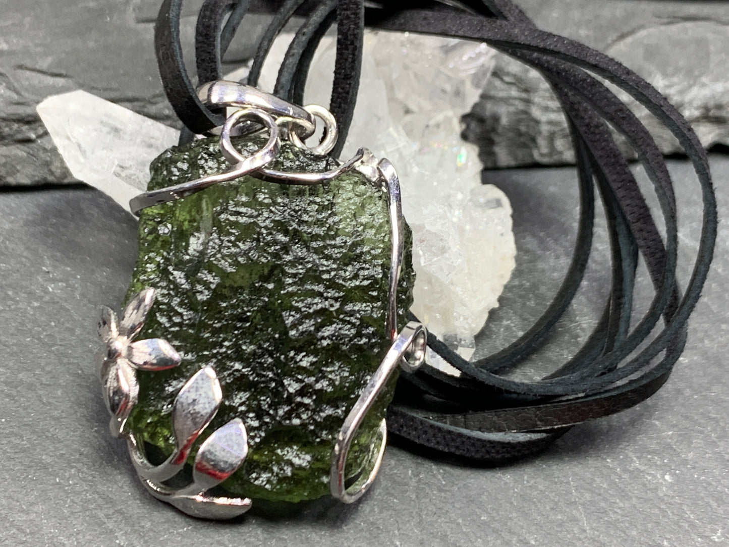 Raw Moldavite pendant with Flower 8.68g