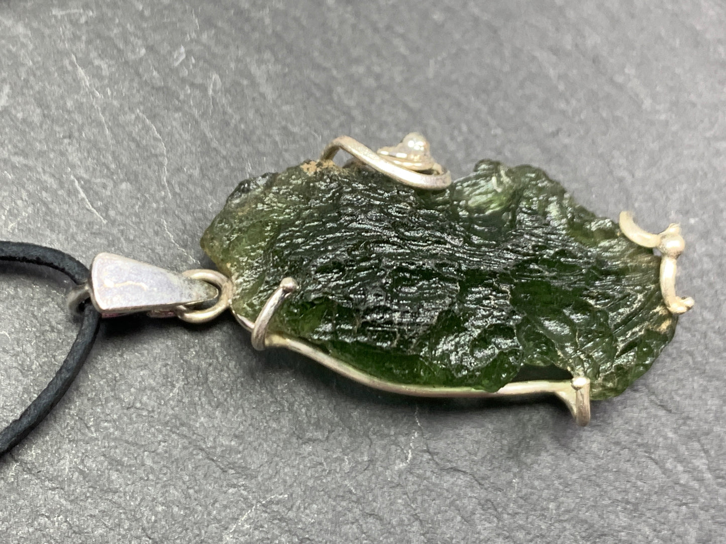 Raw Moldavite pendant in Sterling Silver