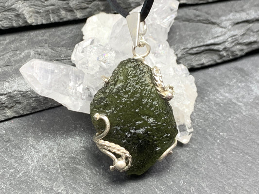 Raw Moldavite pendant in Sterling Silver