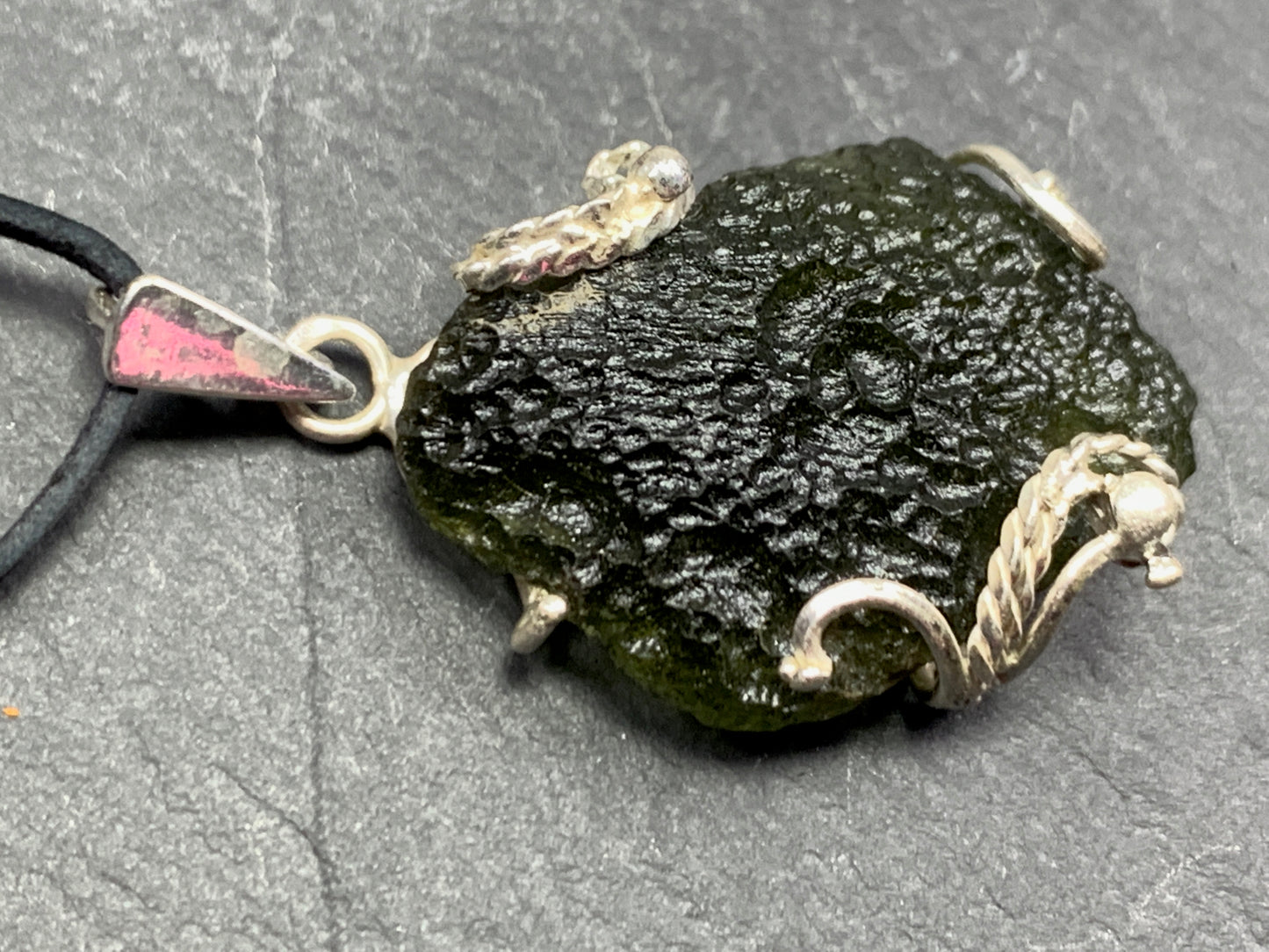 Raw Moldavite pendant in Sterling Silver