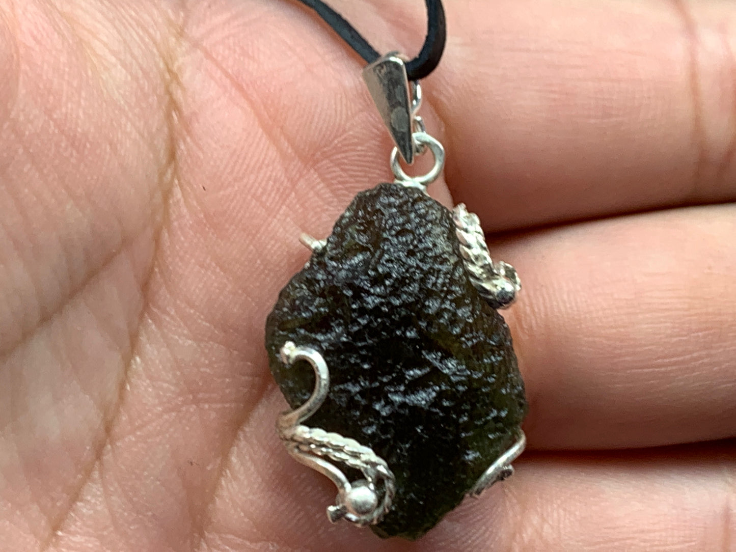 Raw Moldavite pendant in Sterling Silver