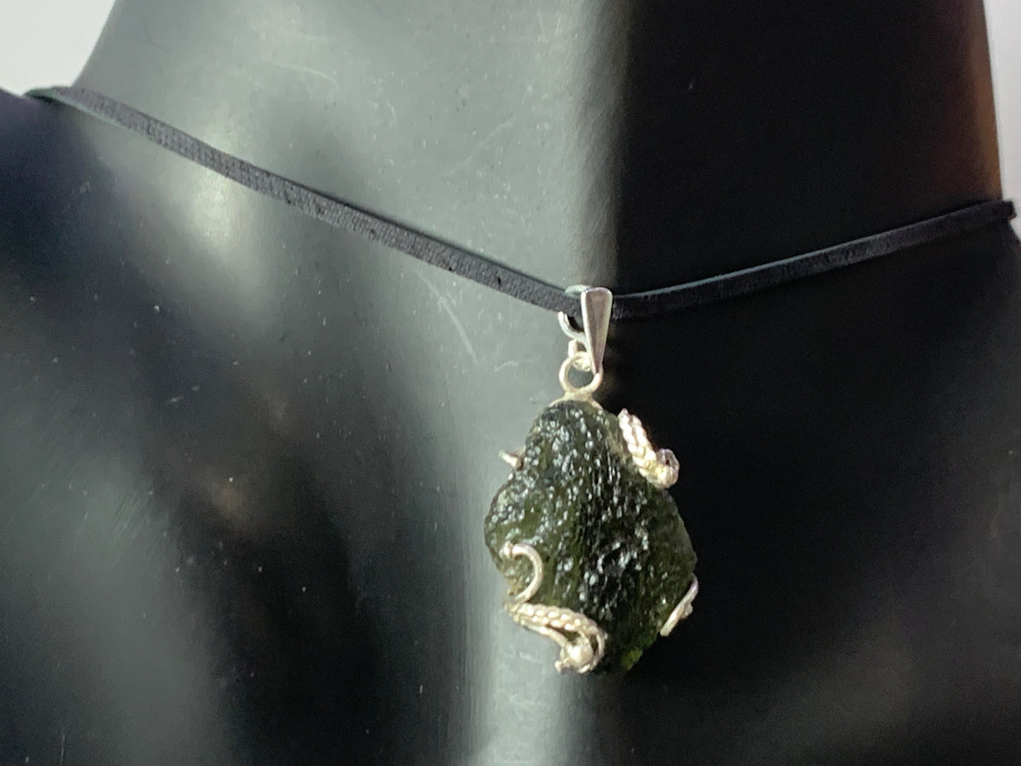 Raw Moldavite pendant in Sterling Silver