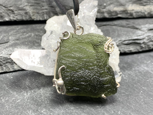 Raw Moldavite pendant in Sterling Silver