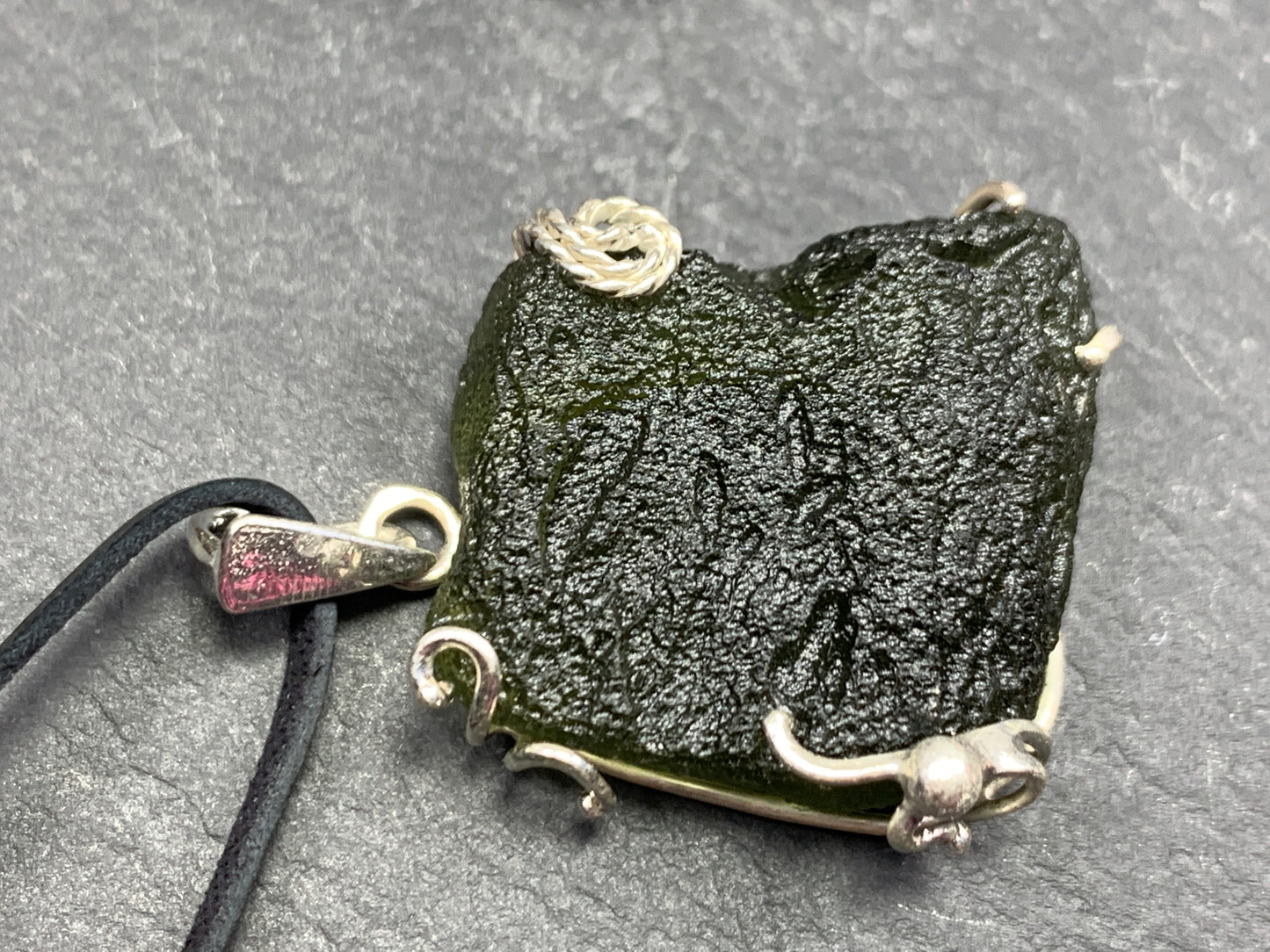 Raw Moldavite pendant in Sterling Silver