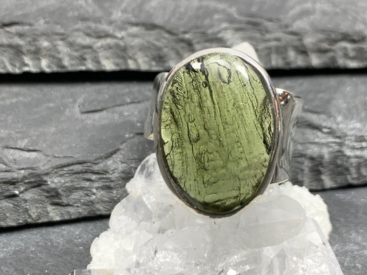 Alya - Moldavite ring, adjustable one of a kind ring with polished Moldavite/ size 8 US