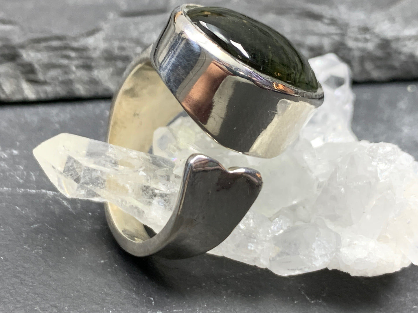 Alya - Moldavite ring, adjustable one of a kind ring with polished Moldavite/ size 8 US