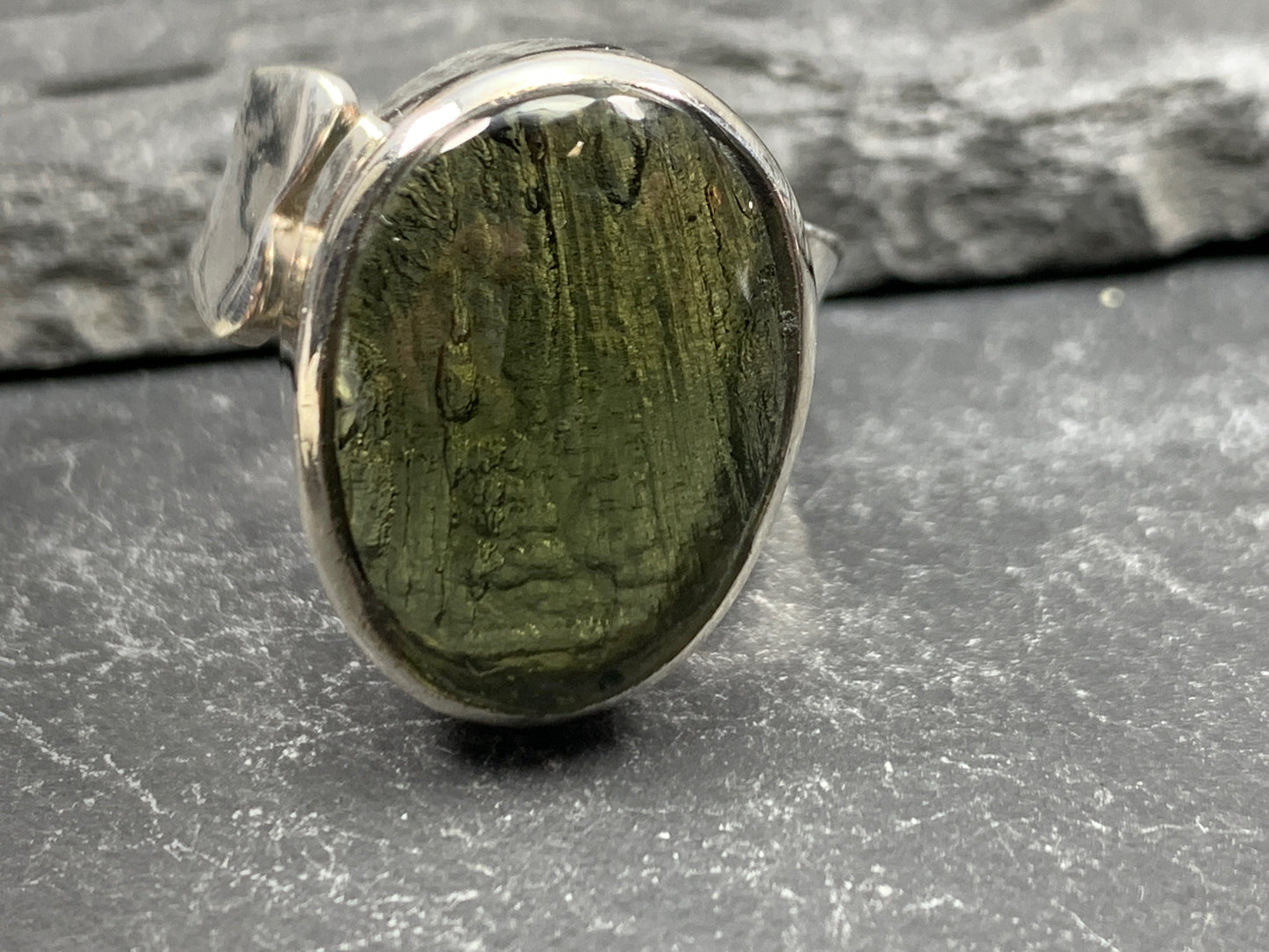 Alya - Moldavite ring, adjustable one of a kind ring with polished Moldavite/ size 8 US
