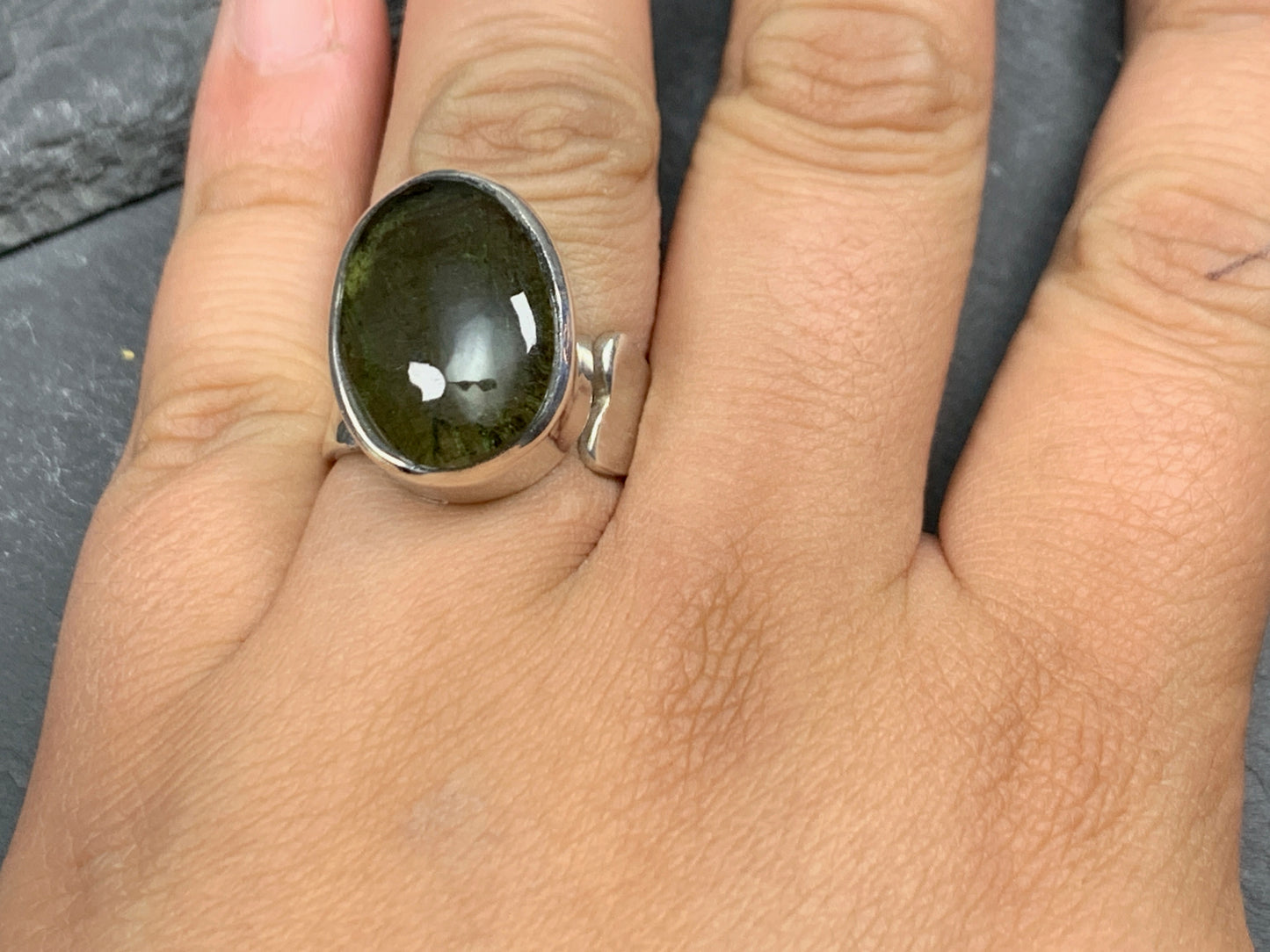 Alya - Moldavite ring, adjustable one of a kind ring with polished Moldavite/ size 8 US
