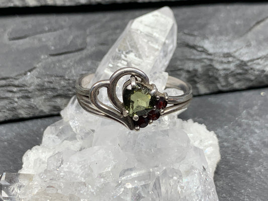 Moldavite & Garnet ring size 7.25