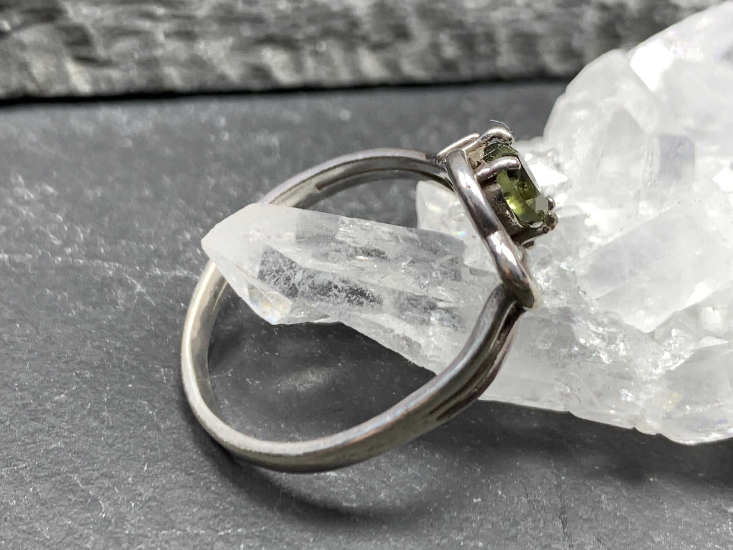 Moldavite & Garnet ring size 7.25