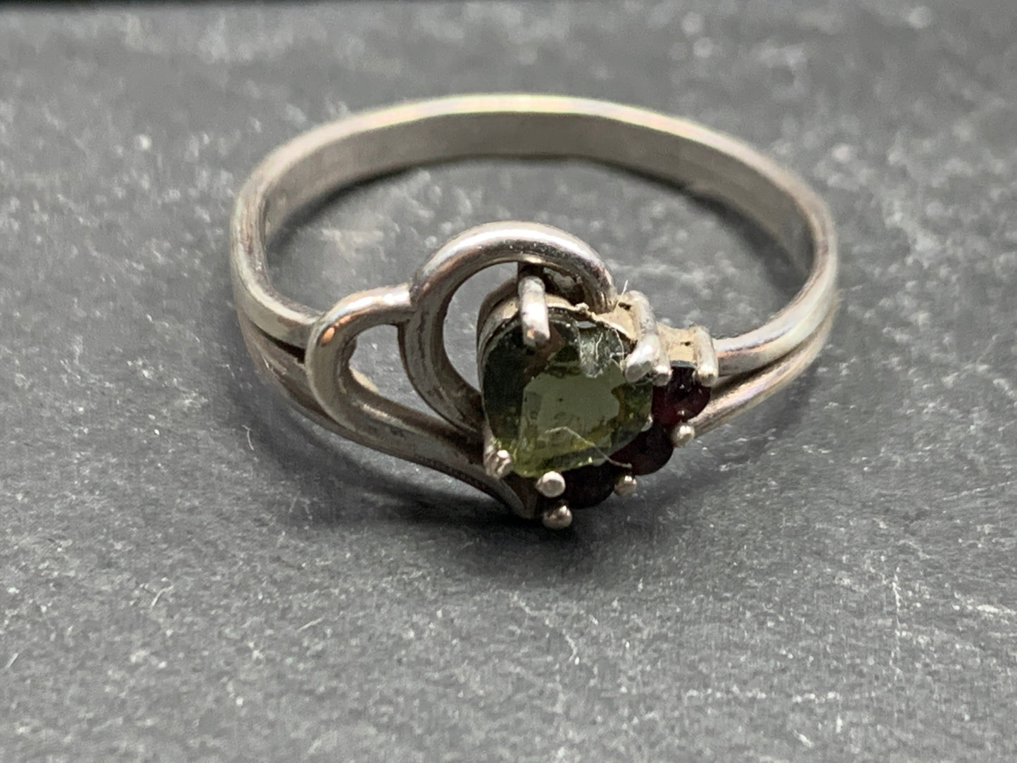 Moldavite & Garnet ring size 7.25