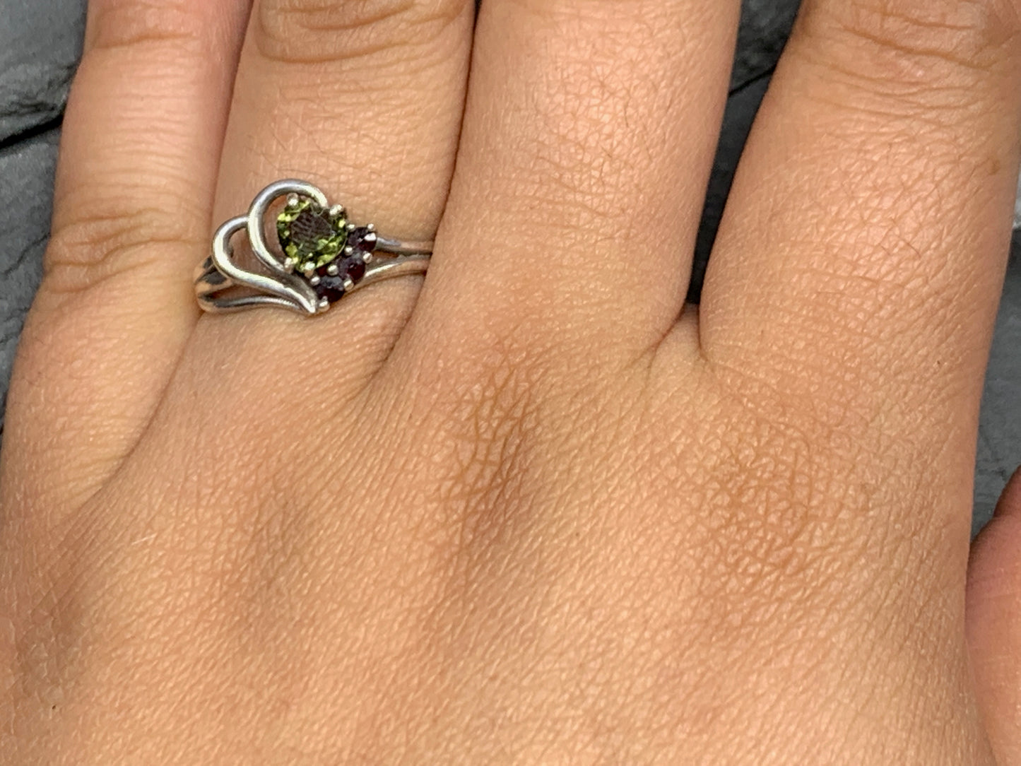 Moldavite & Garnet ring size 7.25