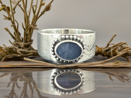 Sterling Silver Australian Opal Ring - Wide Band Statement Ring - Blue Oval Opal size 6 US