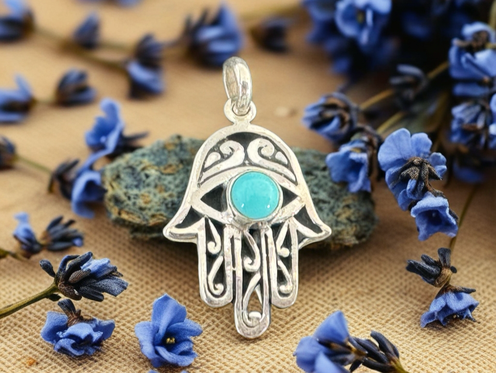 Silver Hamsa Hand Pendant with Turquoise Stone – Protection Amulet Necklace Charm