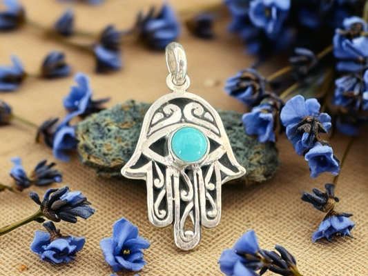 Silver Hamsa Hand Pendant with Turquoise Stone – Protection Amulet Necklace Charm