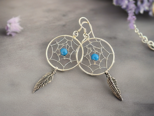 Handmade Dreamcatcher Earrings with Turquoise Bead and Feather Charm – Boho Tribal Style Jewelry