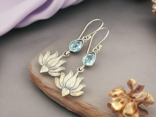 Sterling Silver Lotus Flower Earrings with Blue Topaz | Teardrop Gemstone Dangle Earrings