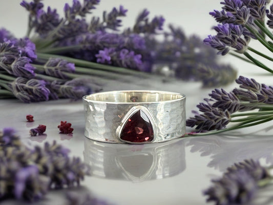 Garnet Sterling Silver Ring - Wide Band Sterling Silver
