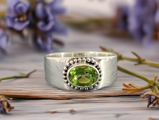 Sterling Silver Peridot Ring - Wide Band Statement Ring size 8US
