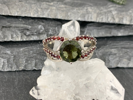 "Mira" Ring- Moldavite & Garnet size 8.75